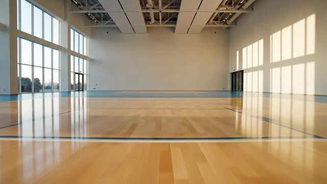 Sunlit indoor basketball court with reflective wooden floor and large windows, creating serene setting