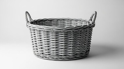 Obraz premium Woven Round Basket with Handles on a White Background.