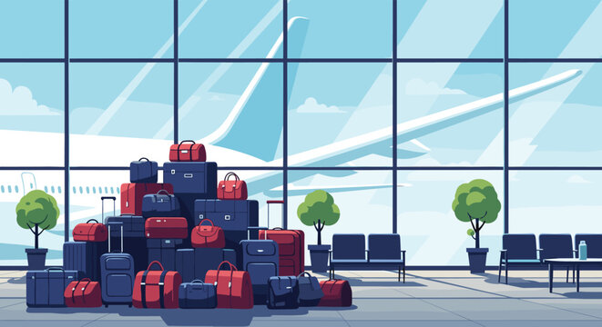 Large stack of red and blue travel suitcases in an airport terminal with a view of a plane through the glass windows for travel.