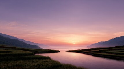 Fototapeta premium Rice field landscape at sunrise with terraced fields reflecting the soft light, surrounded by mountains and a calm river, creating a serene and picturesque rural scene in Southeast Asia