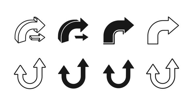 Curved arrow icon set, black and white directional u-turn symbols, 8 vector navigation elements for interface design and wayfinding