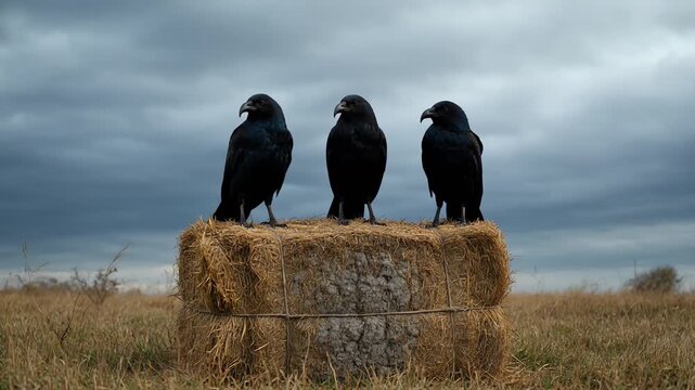 Three black ravens perched on a hay bale under a dramatic sky