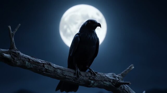 Silhouette of a Crow Perched on a Branch Under a Full Moon