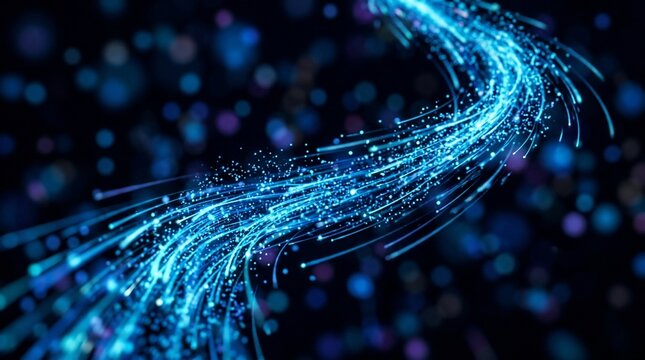 Abstract digital data flow stream with glowing blue light particles.