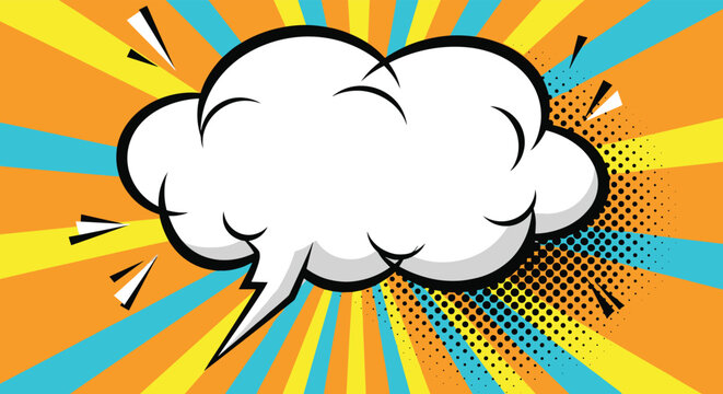 Comic style cloud speech bubble with a lightning bolt on an orange and yellow sunburst background for action sound effect texts.