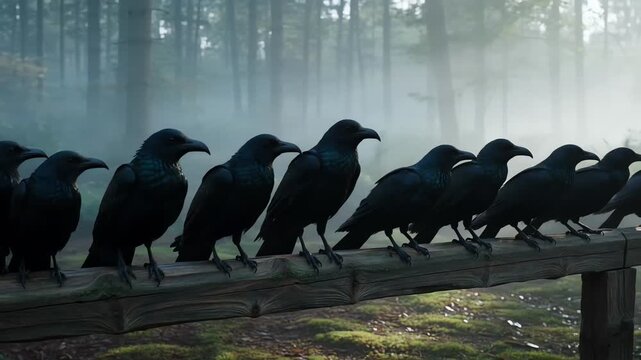 Murder of Ravens Perched on a Wooden Fence in Misty Forest