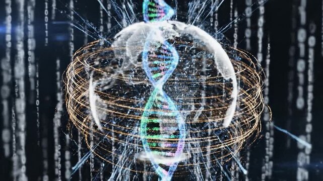 A vibrant, glowing illustration of a double helix structure, representing the concept of genetic information and scientific research