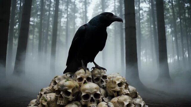 Raven Perched on Pile of Human Skulls in Misty Forest