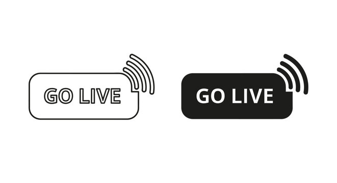 Go Live streaming icons set, black and white broadcast buttons with signal waves, minimalist social media live video vector elements for web and apps