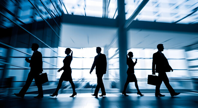 Silhouettes of business people walking in a modern office building with motion blur.