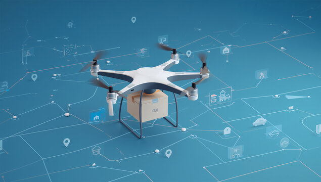 配送ドローンが荷物を運ぶデジタル物流ネットワークの3D素材