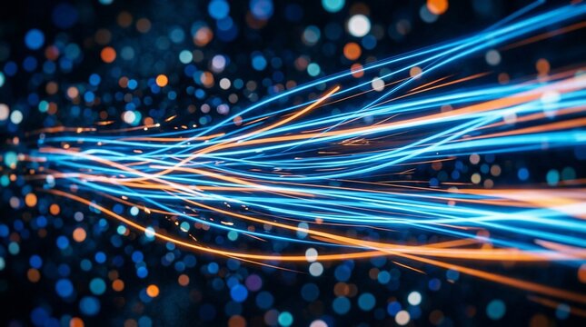 Abstract digital data stream with glowing light trails and bokeh background.