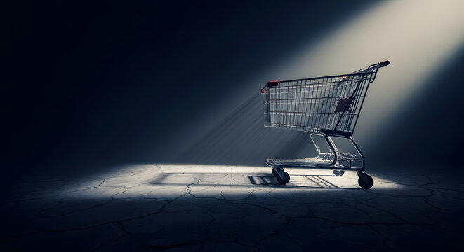 An empty shopping cart sits alone in a spotlight, casting a long shadow on a dark, textured surface.