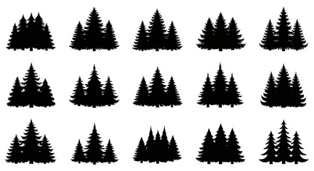 Obraz premium Set of black pine tree silhouettes on white background various shapes and sizes nature icons graphic elements
