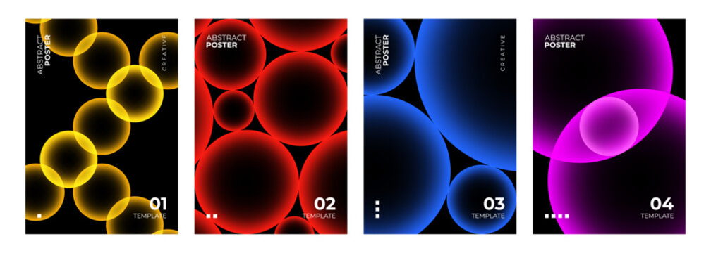 Futuristic Abstract Posters. Blurred spheres. Vibrant colored circles. Neon color gradient round shapes for creative graphic design. Vector illustration.
