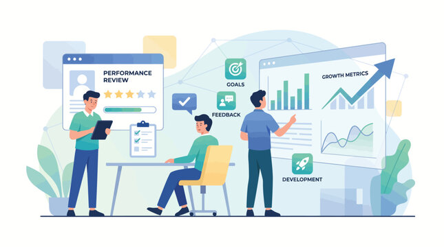 Team collaborating on business growth analytics performance review and strategic planning with charts graphs and digital interfaces illustrating corporate development and data driven decision making