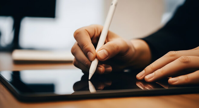Person's hands using a white stylus on a black tablet screen writing drawing