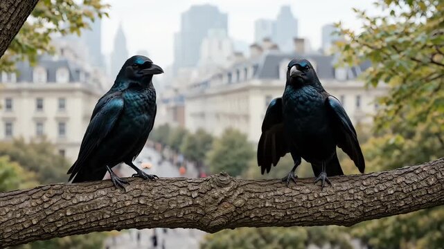 Two black ravens perched on a branch overlooking a city street