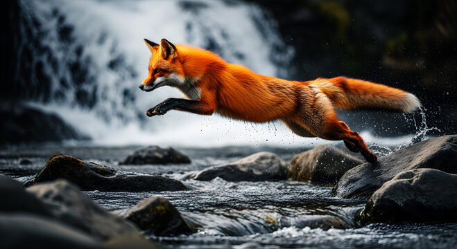 Red fox leaps across rocky river with waterfall background animal wildlife
