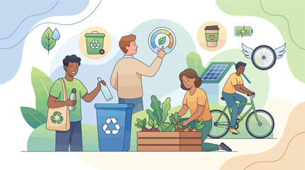 Diverse group of people actively participating in eco friendly activities showcasing recycling gardening and sustainable transportation like cycling symbolizing environmental consciousness © craftsby.ib
