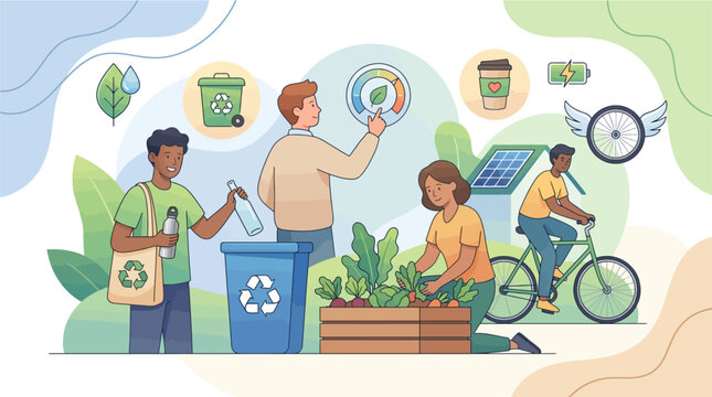 Diverse group of people actively participating in eco friendly activities showcasing recycling gardening and sustainable transportation like cycling symbolizing environmental consciousness