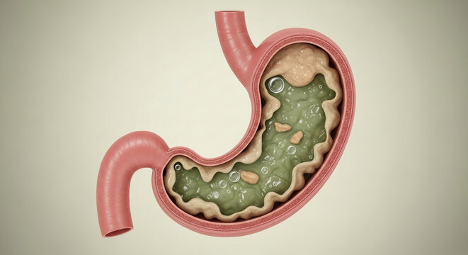 Cross-section of a stomach showing digestive fluid, food particles, and gas bubbles, symbolizing digestion and internal bodily processes