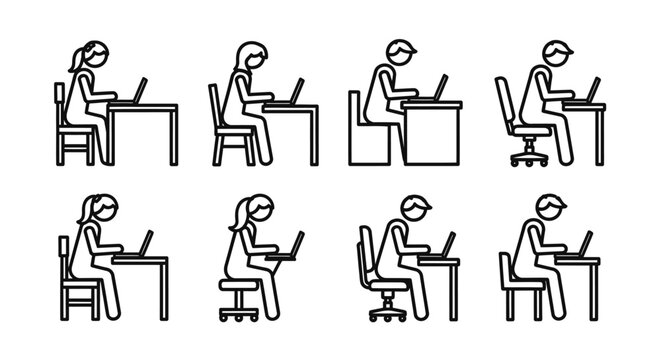 Ergonomic office posture icons, set of 8 line art vector figures sitting at desks with laptops, workplace health and correct seating position illustrations