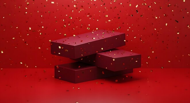 Red Gift Boxes with Golden Confetti Holiday Background