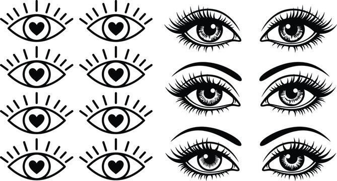 Stylized and realistic human eye illustrations showing artistic contrast between symbolic and detailed design concepts