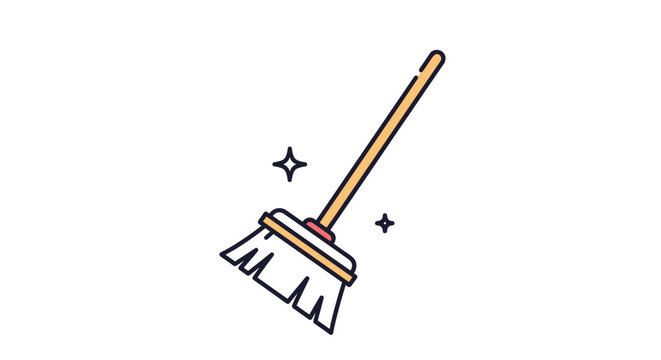Simple vector illustration of a cleaning broom with a wooden handle and white bristles featuring small sparkles to indicate cleanliness.