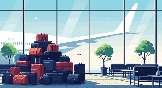 Airport terminal interior showing a large pile of varied suitcases and bags in front of large windows with an airplane outside.