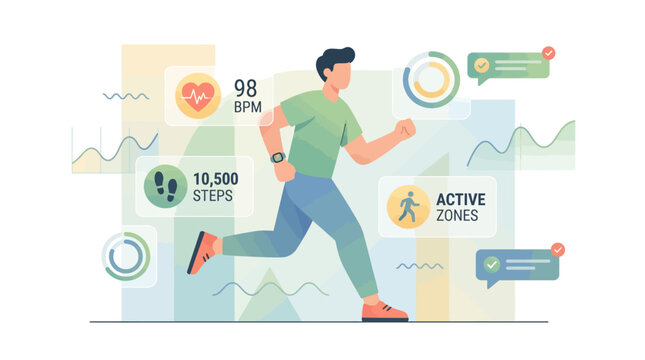 Man running with fitness tracker and health statistics in a mobile app interface for active lifestyle and workout tracking
