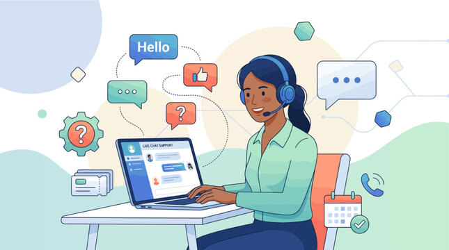 Woman wearing headset working on laptop with chat bubbles around her in a colorful office setting with speech bubbles