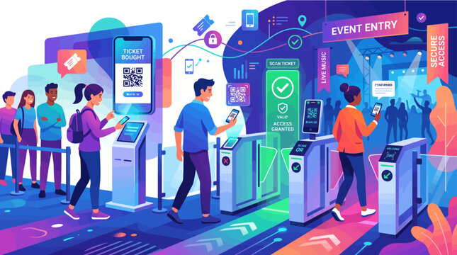 People scanning tickets at colourful event entry gate with digital screens and turnstiles in modern venue