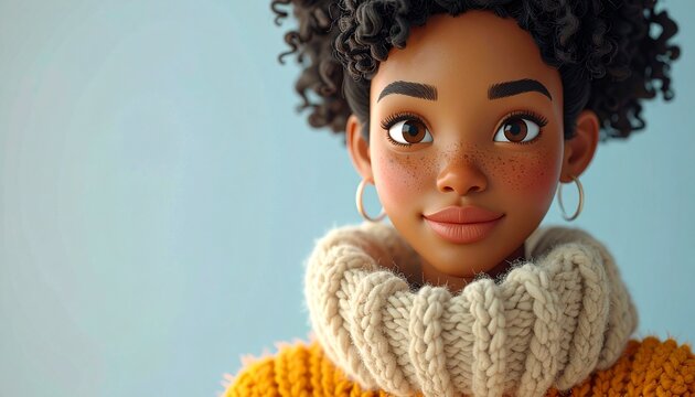 Soft-focus claymation-style character, diverse features, wearing oversized knit sweater, tactile felt texture.
