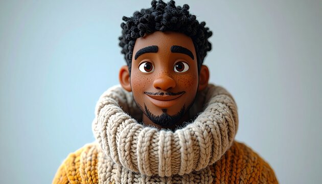 Soft-focus claymation-style character, diverse features, wearing oversized knit sweater, tactile felt texture.
