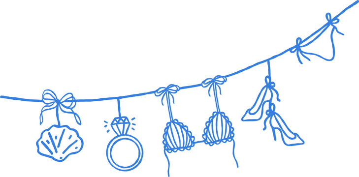 Summer Beach Bachelorette Party Garland with Wedding Rings and Bikini Outline. Wedding Artwork Perfect for Invitation,Greeting Card.