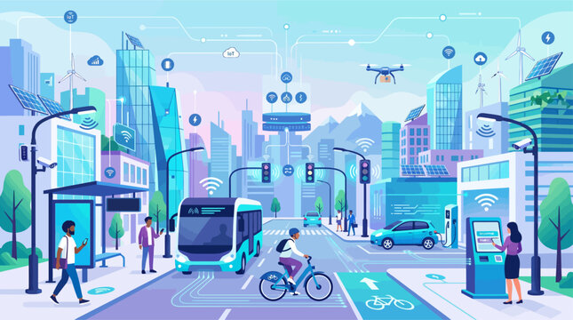 Futuristic city street with cyclist bus and drone urban landscape with blue green hues and digital network connections