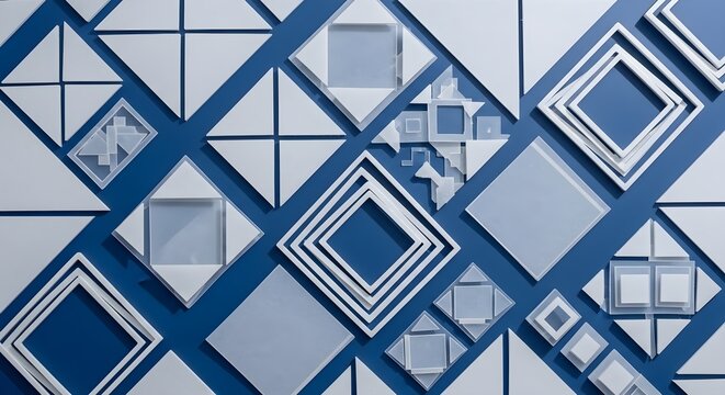 Geometric pattern of blue and white squares and diamonds creating a modern abstract background with depth and texture