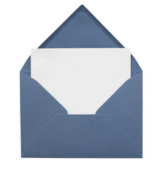 Blue envelope with blank white card isolated on transparent PNG. Minimal birthday stationery mockup for invitation, greeting card, wedding or business branding. © kite_rin