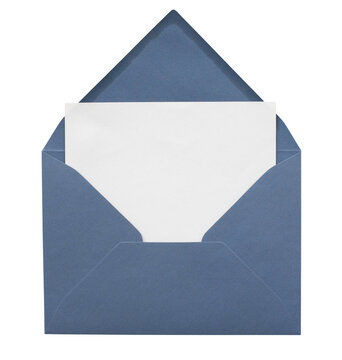Blue envelope with blank white card isolated on transparent PNG. Minimal birthday stationery mockup for invitation, greeting card, wedding or business branding.