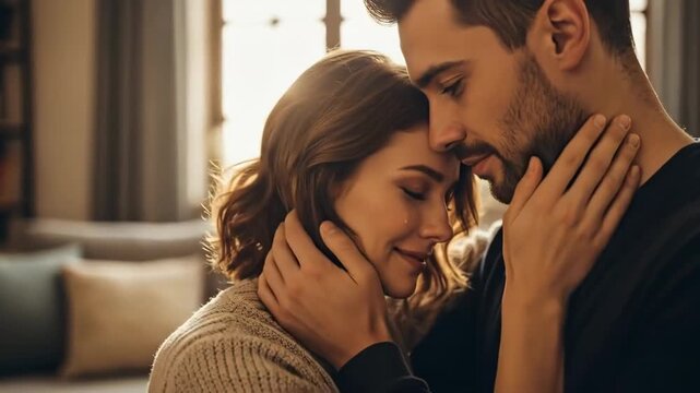 A tender embrace shared between two lovers at home