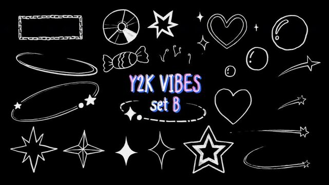 Set B of Y2K Hand Drawn Motion Graphic Effects, retro doodle sparkle starburst swirl orbit heart bubble shooting star chain frame elements, transparent background, alpha channel