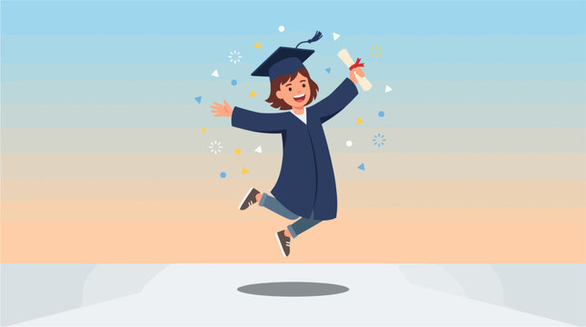 Happy graduate in blue academic gown jumping with joy celebrating achievement at sunset with confetti