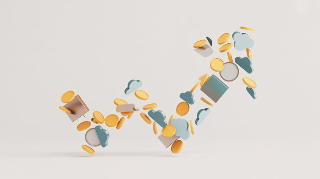 3D illustration of a rising stock market graph made of various financial