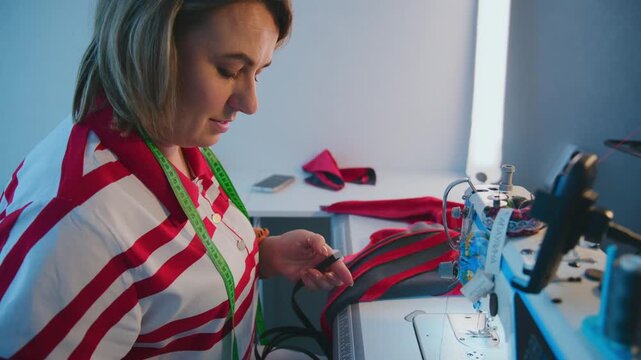 Woman sews red fabric on a sewing machine. She focuses intently, her hands moving precisely. The scene highlights skilled craftsmanship and textile work. Ideal for fashion, retail