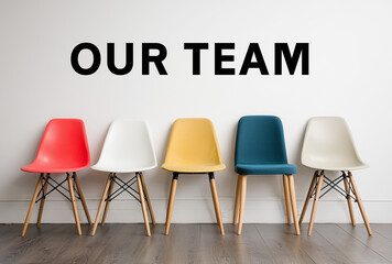 Obraz premium Modern Office Waiting Area With Row Of Chairs And One Red Chair Highlighting Team Leadership