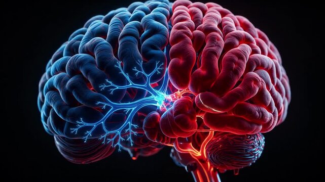 Detailed Cross Section of Human Brain Showing Hemispheres and Neural Networks in Vibrant 3d Render