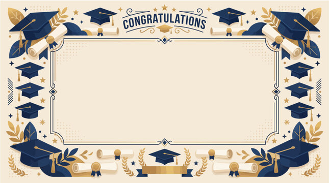 Congratulations graduation certificate template with blue and gold academic decorations and blank center for customizable text