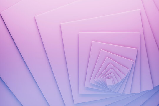 Abstract purple layered frames form endless recursive portal with smooth matte surfaces, soft shadows. Abstract geometric background with vortex pattern. Suggests depth, modernity, peaceful immersion.